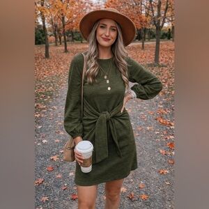 Olive Green Tie Waist Wrap Dress